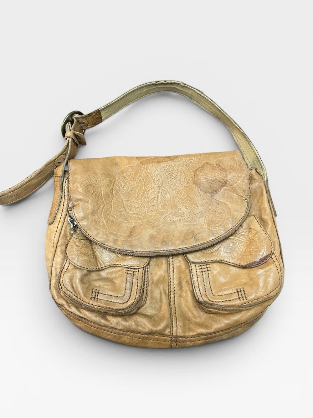 Lucky Brand Ramblin Rose Lambskin Boho Hobo Bag Tan Tooled Y2K